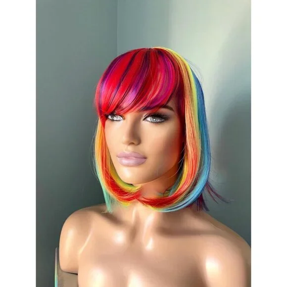 Rainbow Wig Short Wig Bright Colourful Clown Wig with Bangs 10 inch Bob Wig - Picture 3 of 9